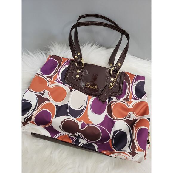 GORGEOUS COACH Ashley Logo Scarf Print Sateen Purple Brown Tote Bag Purse F20113 - Picture 12 of 13
